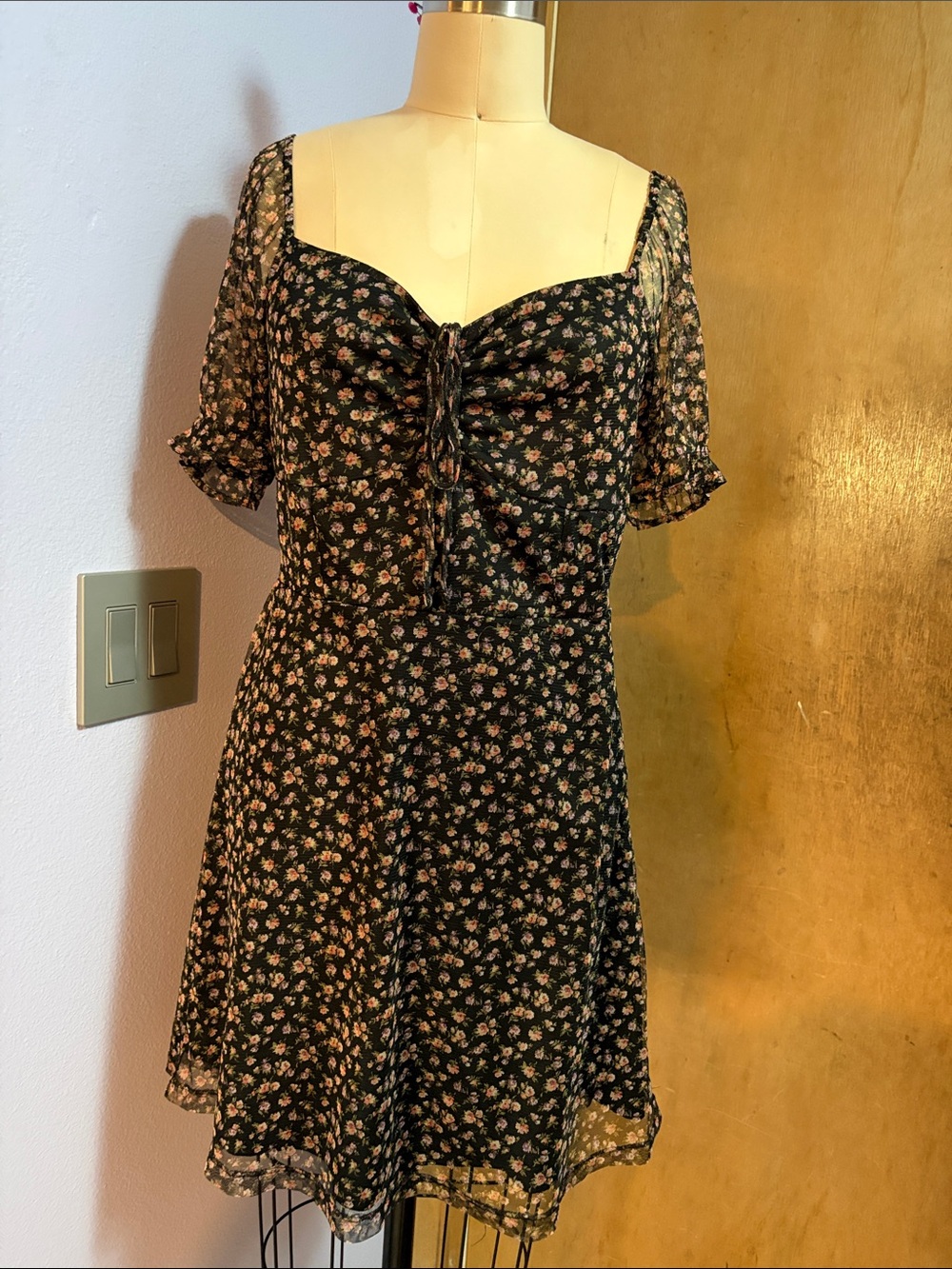 American Eagle Outfitters Black Floral Tie-Front Mini Dress